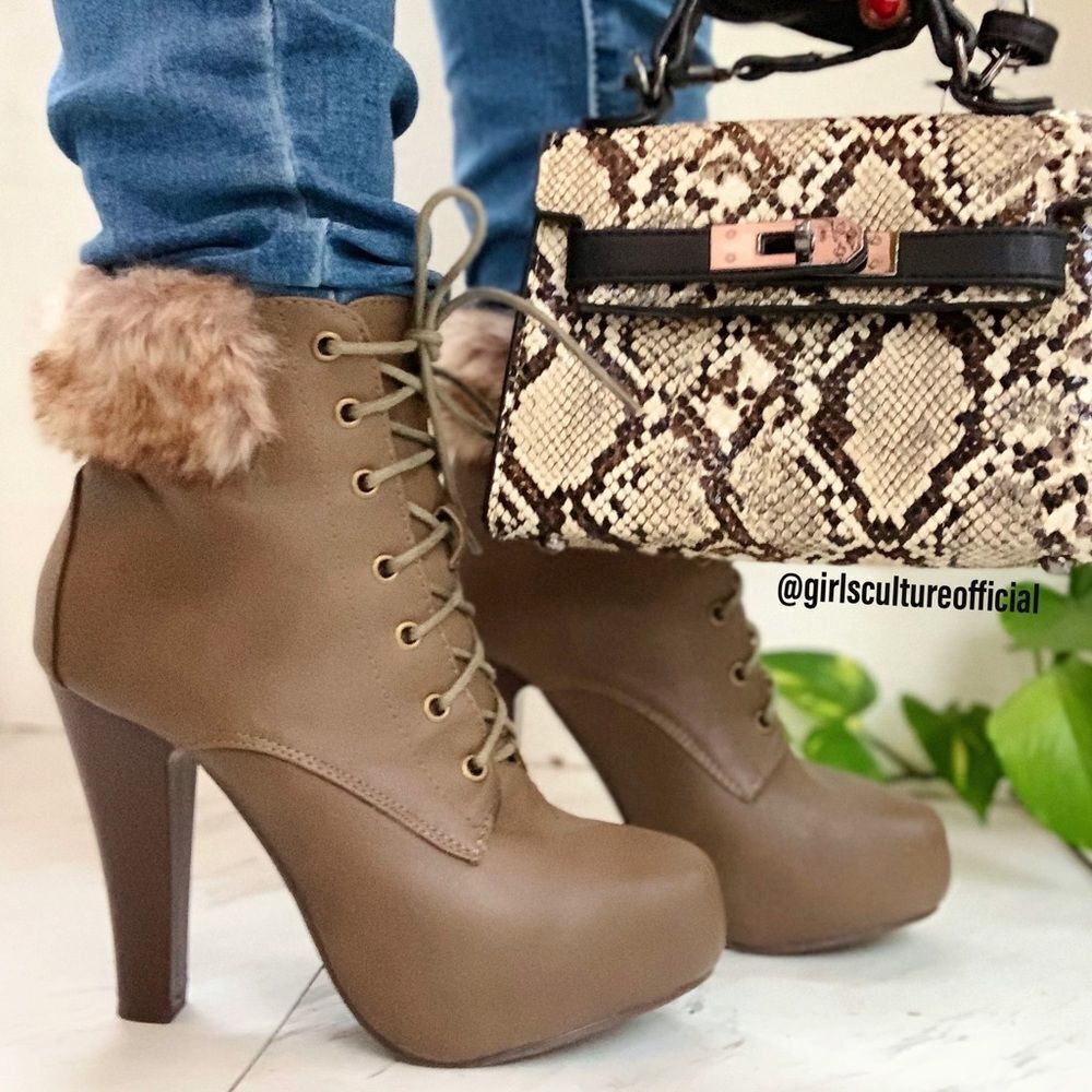 Taupe Round Toe Faux Fur Booties